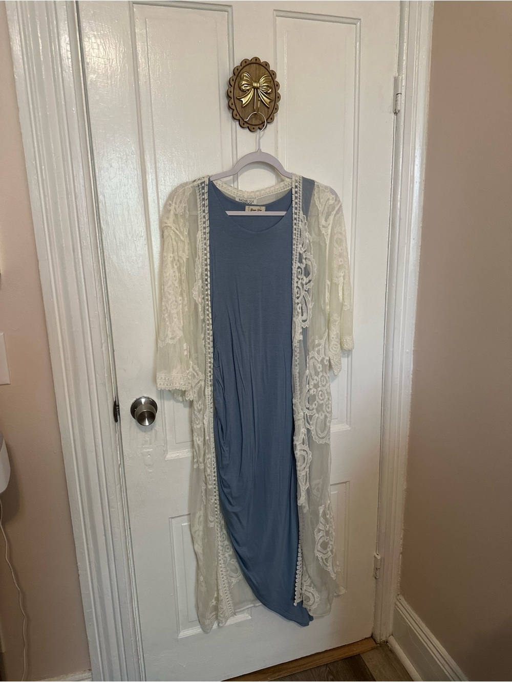 Blue Slip Dress with Ivory Lace Duster